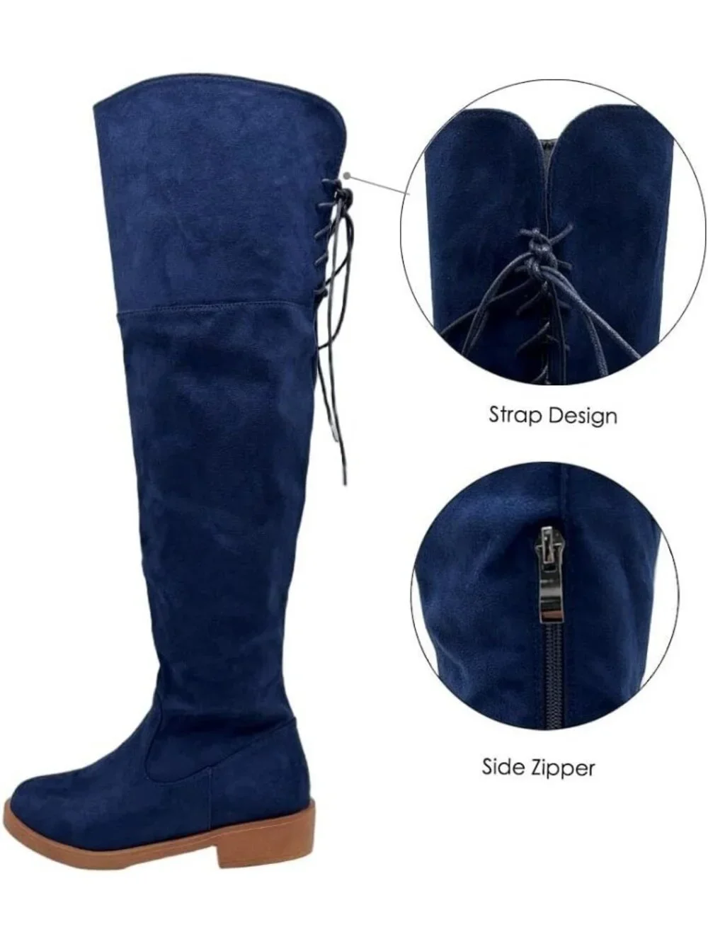 Women's Navy Blue Faux Suede Back Lace Wide Calf Over-the-Knee Thigh-High Boots